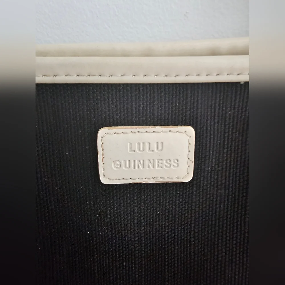 Elegant Lulu Guinness black canvas and beige leather trim shoulder bag